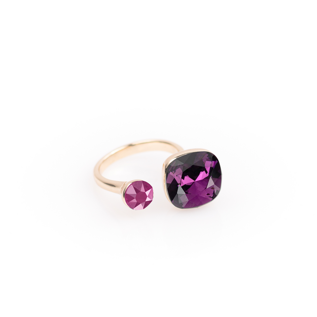 Amethyst/ Peony Pink dubultais gredzens ZELTA - Meimelin rotas ar Swarovski kristāliem