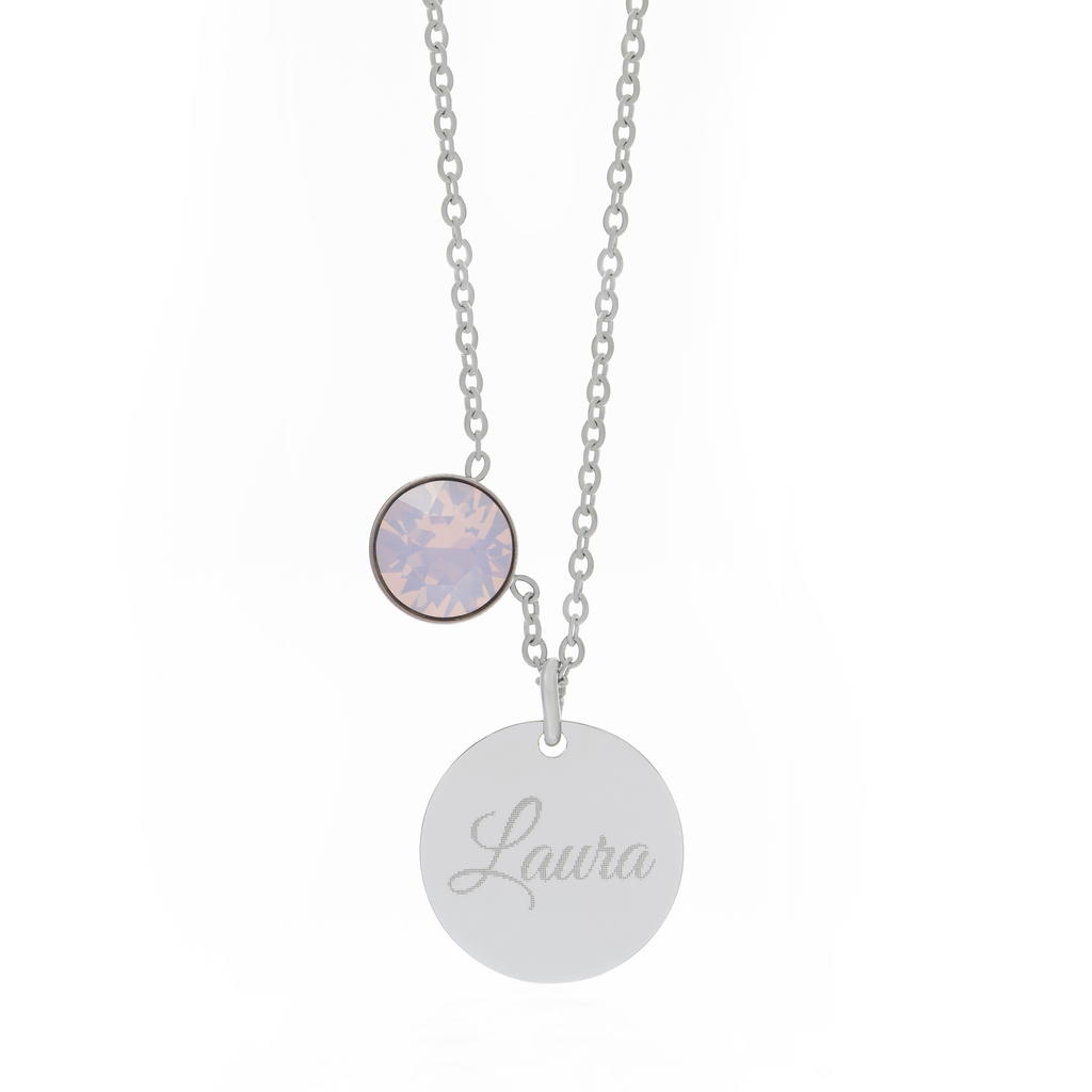 Mirdzoša kristāla ROSE WATER OPAL kaklarota ar gravējumu
